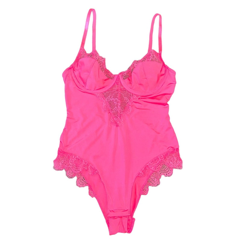 M VTG Y2k Cosmopolitan Hot Pink Neon Sexy Cheeky Lace Thong Bodysuit Lingerie